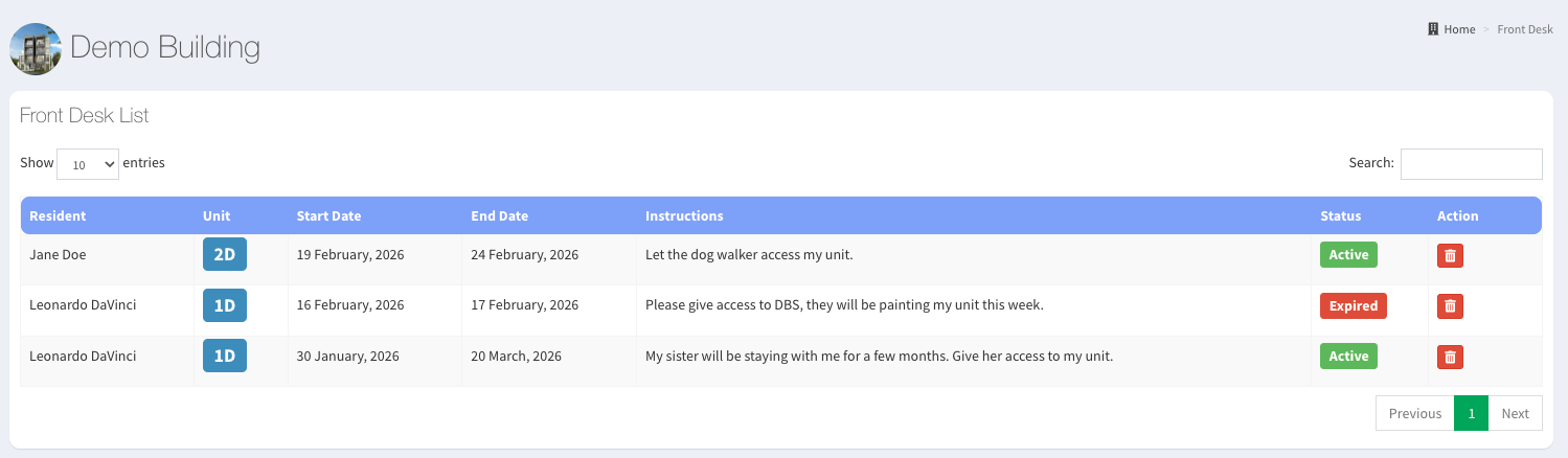 Reside CMS front desk instructions list for a demo building